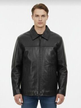 OUTBROOK! LUXE, HEAVY BLACK GENUINE LEATHER STADIUM LENGTH COAT, JACKET! SZ XL